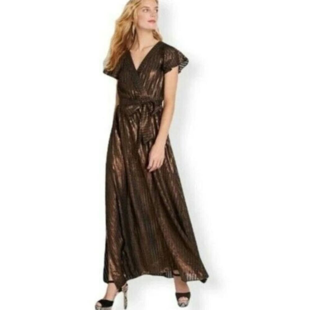 ModCloth Glam Bronze Metallic Striped Maxi Dress Flutter Sleeve Faux Wrap Slit M